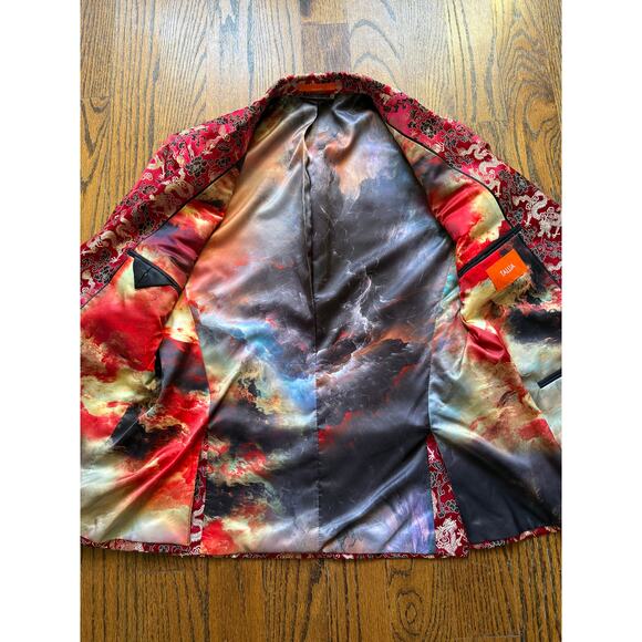Men's Slim Fit Dragon Red Satin Blazer Dinner Jacket Modern Hipster StreetWear - Picture 9 of 11